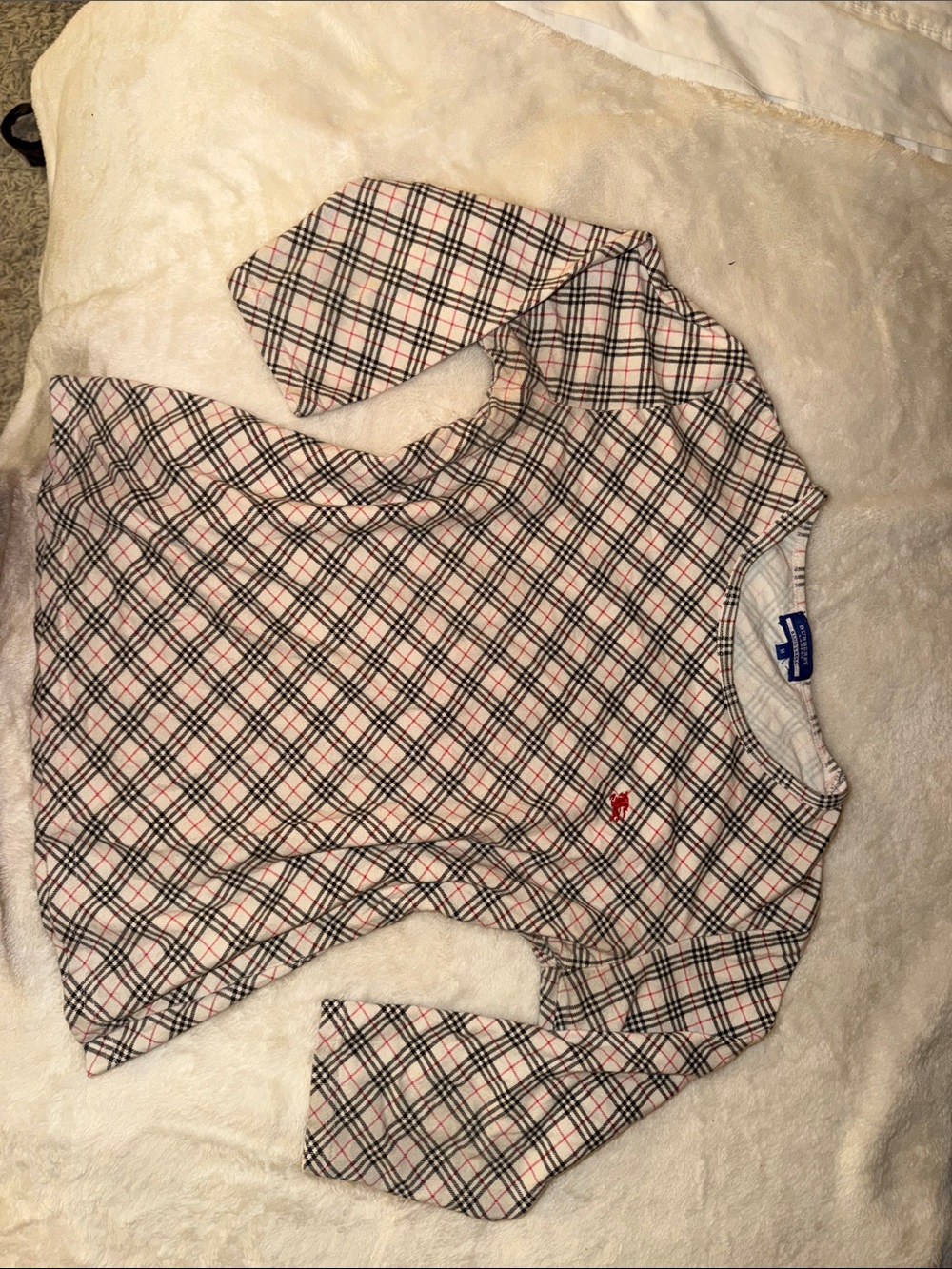 Burberry women’s or kids  Long-Sleeve Plaid Tee in Cream, Black & Red